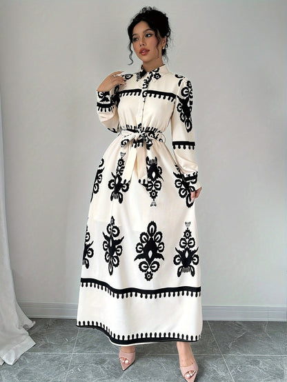 Dame Langærmet Kjole – Trykt Design, Bindebånd, Elegant Stil-83357-ac9716f7-24df-4c39-b68f-12e2241dcb67