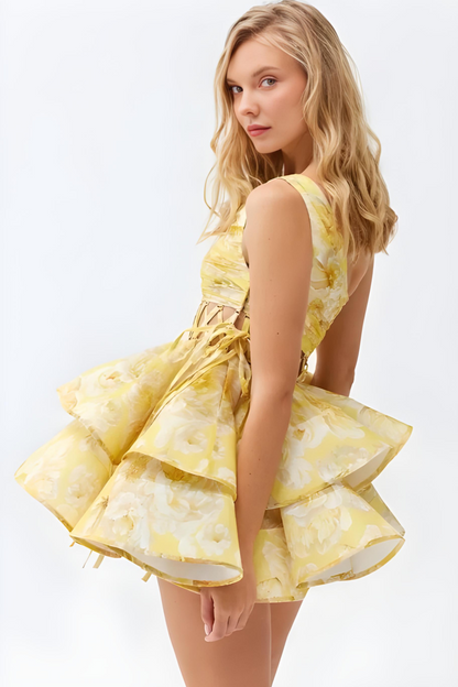 Damekjole One-Shoulder – Blomstret Flæseskørt, Asymmetrisk Kant-83680-aea732fb-9641-4c41-9e4d-0e0ffe742795