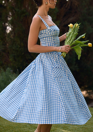 Kvinder Kjole – Gingham Mønster, Firkantet Halsudskæring, Knapper, Klassisk Stil-83592-b0cb1e5c-fde3-471e-ba62-0c88023ac2e9