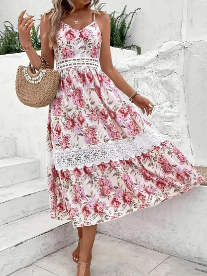 Blomstret Midi Kjole - Blondekant & V-Hals
