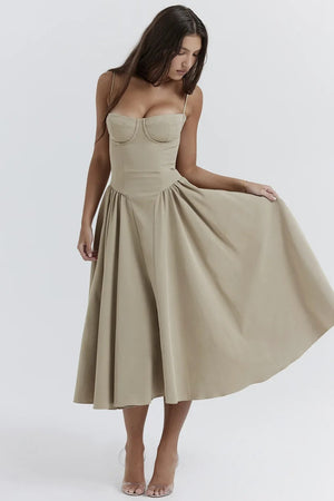 Dame Kjole – Midi, Struktureret Overdel, Plisseret Skørt, Spaghettistropper, Lommer, Elegant Stil-83506-b5d3d5e9-6194-4caf-8958-4d196807003b