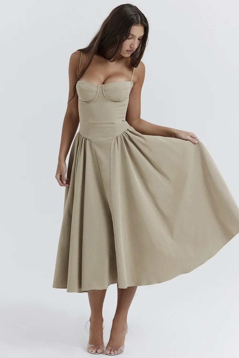 Dame Kjole – Midi, Struktureret Overdel, Plisseret Skørt, Spaghettistropper, Lommer, Elegant Stil-83506-b5d3d5e9-6194-4caf-8958-4d196807003b