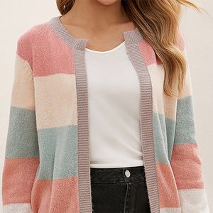 Dame Cardigan – Stribet Farveblok, Åben Front, Langærmet Strik-74430-b7d7e3fb-8756-4304-aa65-510c351829d7