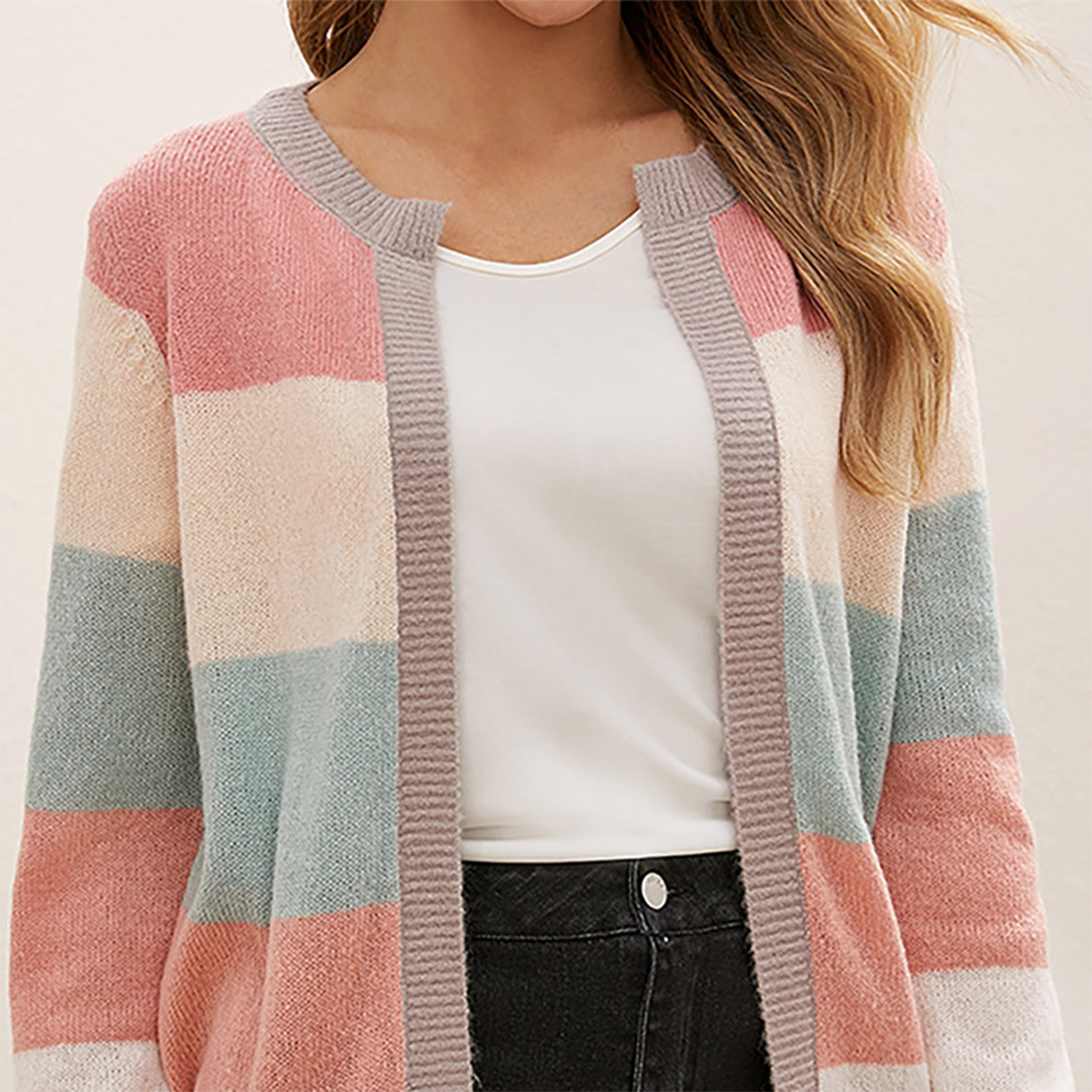 Dame Cardigan – Stribet Farveblok, Åben Front, Langærmet Strik-74430-b7d7e3fb-8756-4304-aa65-510c351829d7