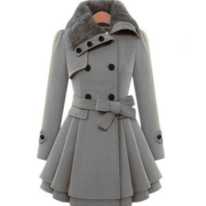 Kvinder Frakke – Dobbeltradet, Faux Fur Krave, Flared Skirt, Med Bælte-82347-b874cd15-a500-4385-bc7d-5daf675e8b40