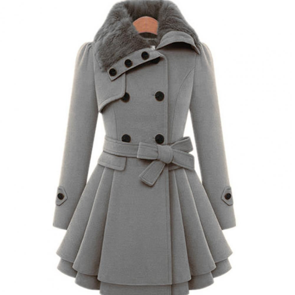 Kvinder Frakke – Dobbeltradet, Faux Fur Krave, Flared Skirt, Med Bælte-82347-b874cd15-a500-4385-bc7d-5daf675e8b40