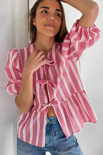 Norideen Dame Bluse – Pink Hvid Stribet, Med Sløjfer, Korte Ærmer-83300-ba818b48-79c3-4bdf-944b-cbf9f183f2b8