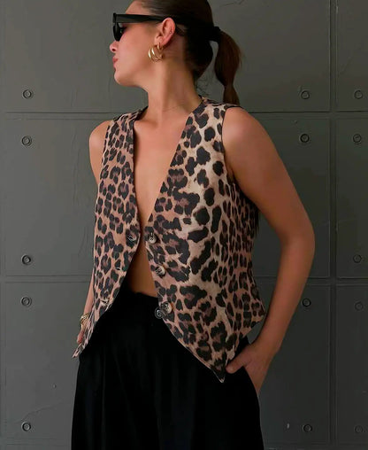 Leopard Vest med V-udskæring og Knapper