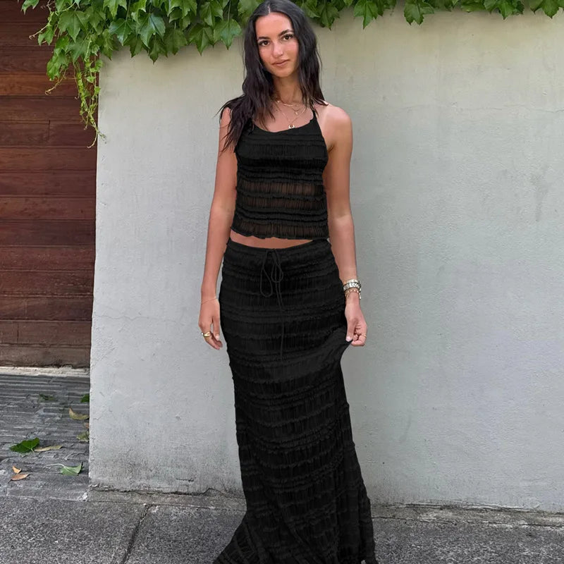 Dame Todelt Sæt – Tekstureret Halter Top & Midi Nederdel med Snøre-83709-bbc5e846-efdd-4287-be43-52a4d96062fa