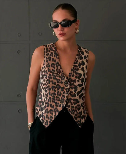 Leopard Vest med V-udskæring og Knapper