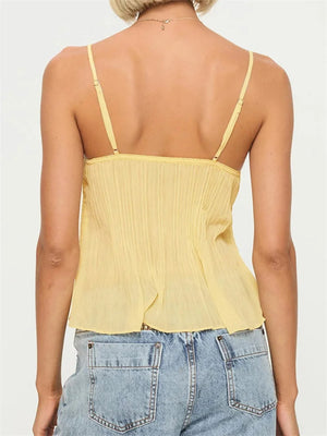 Kvinders Gul Cami Top – Blondekant, Plisseret Stof, Delikat Design-83482-ca50d6e5-87e6-4e2c-abd2-1fdc5159a73d