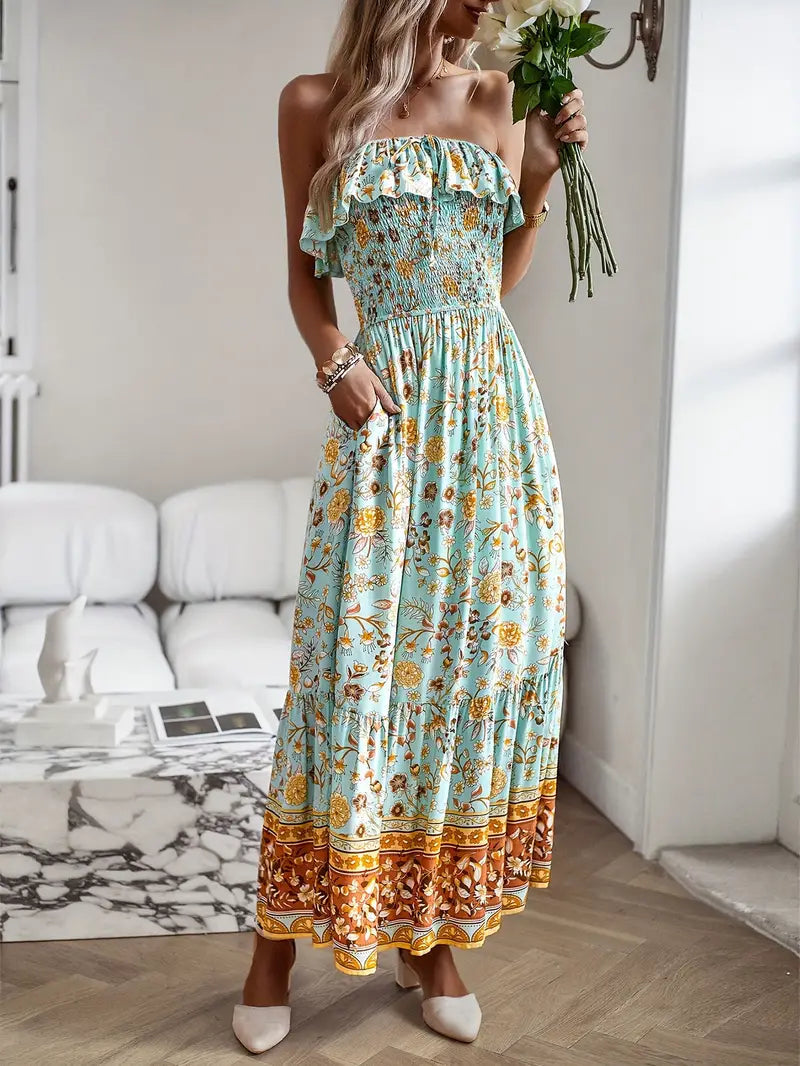 Stropløs Midi Kjole - Blomsterprint & Smock