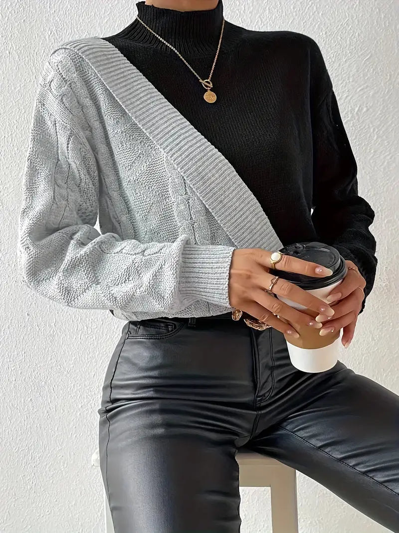 Dame Sweater – Farveblok Turtleneck, Kabelstrik Design-54586-ba97541c-c33f-4ca9-898c-f6e52545e917