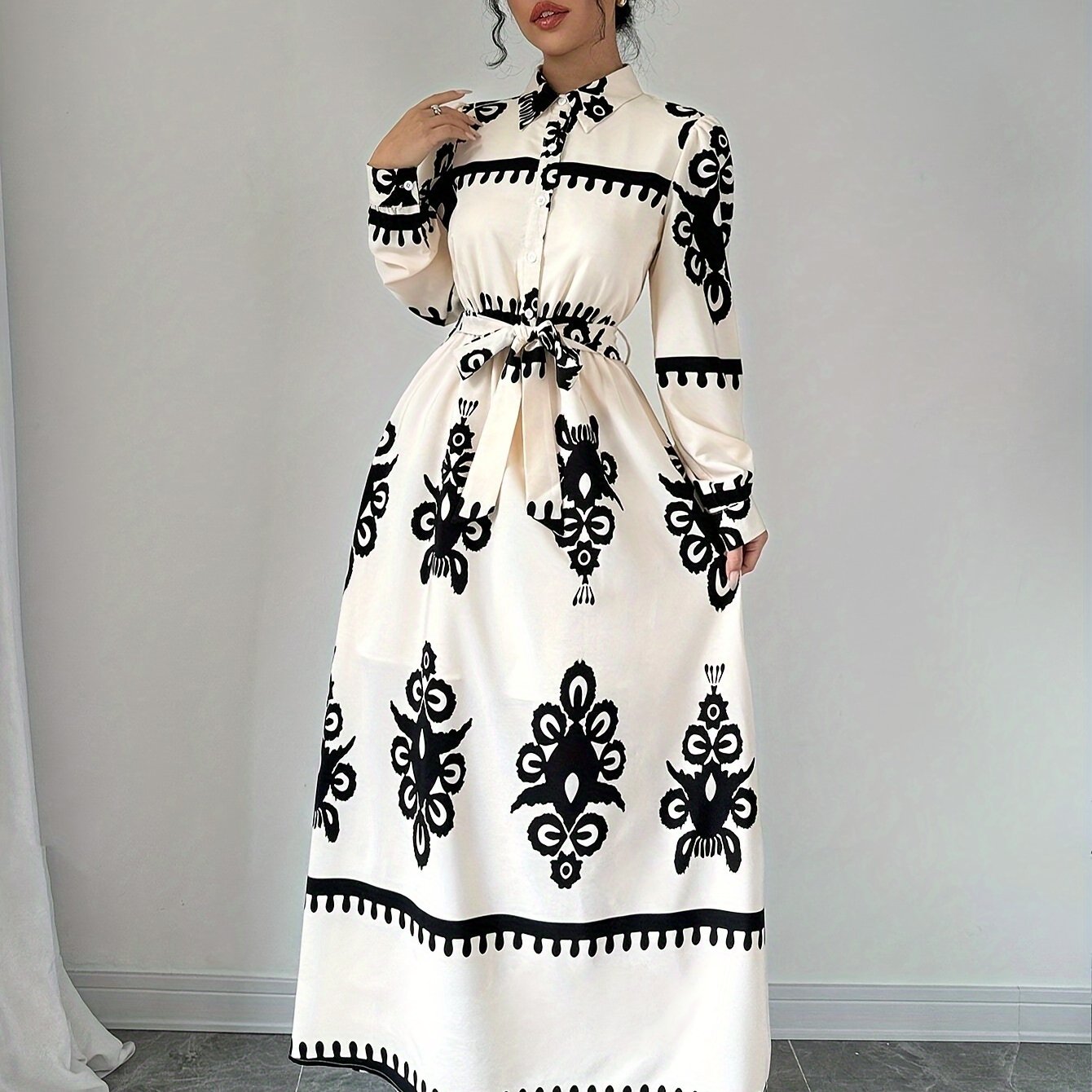 Dame Langærmet Kjole – Trykt Design, Bindebånd, Elegant Stil-83357-cca2658a-bacc-462b-ae38-4f5262d68b7a