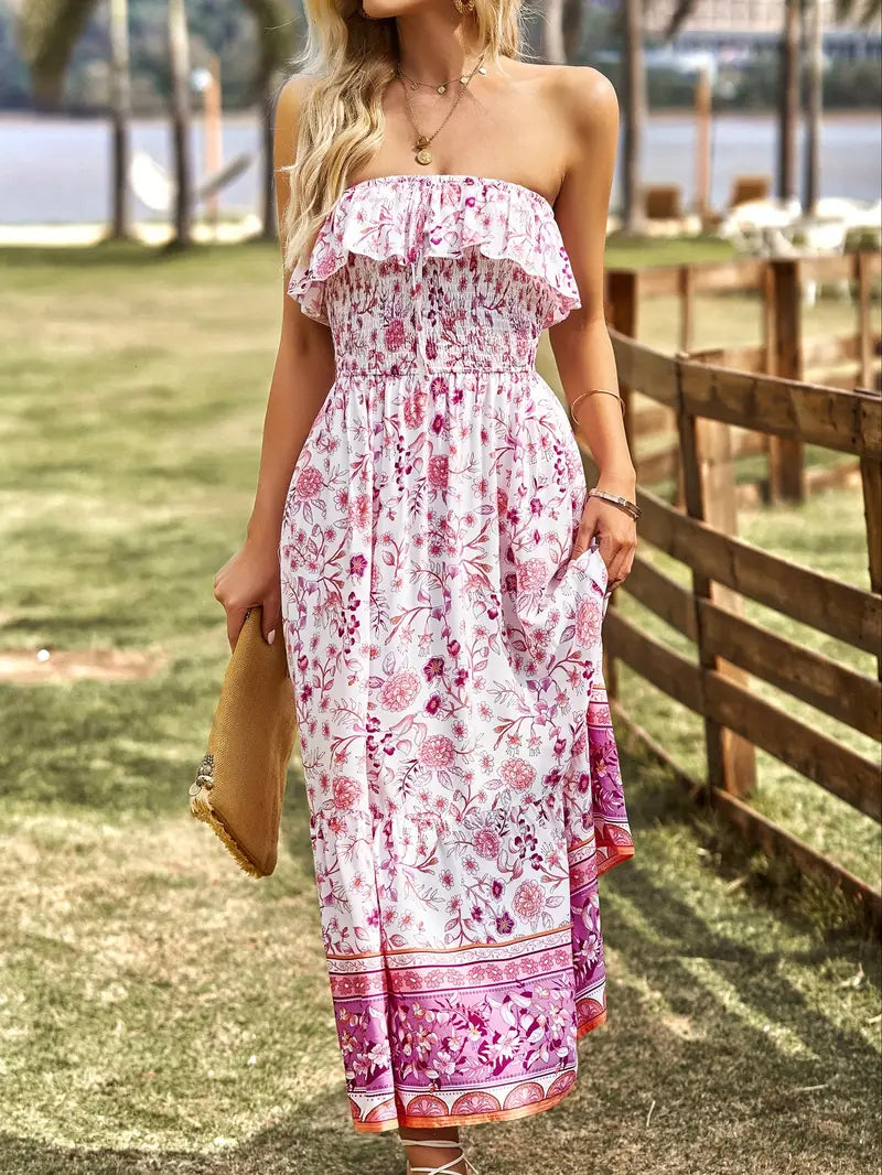 Stropløs Midi Kjole - Blomsterprint & Smock