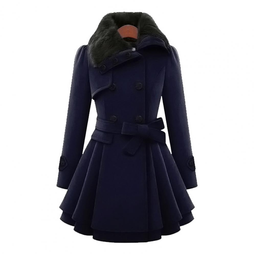 Kvinder Frakke – Dobbeltradet, Faux Fur Krave, Flared Skirt, Med Bælte-82347-d3a8113f-99a9-4977-8437-6e8abedad80e