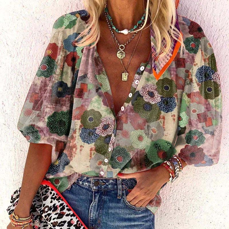 Dame Bluse – Blomstret Knap-ned, Lange Ærmer, Elegant Stil-83308-dde61c49-4233-4f3a-9d7a-7c7408dfabd6