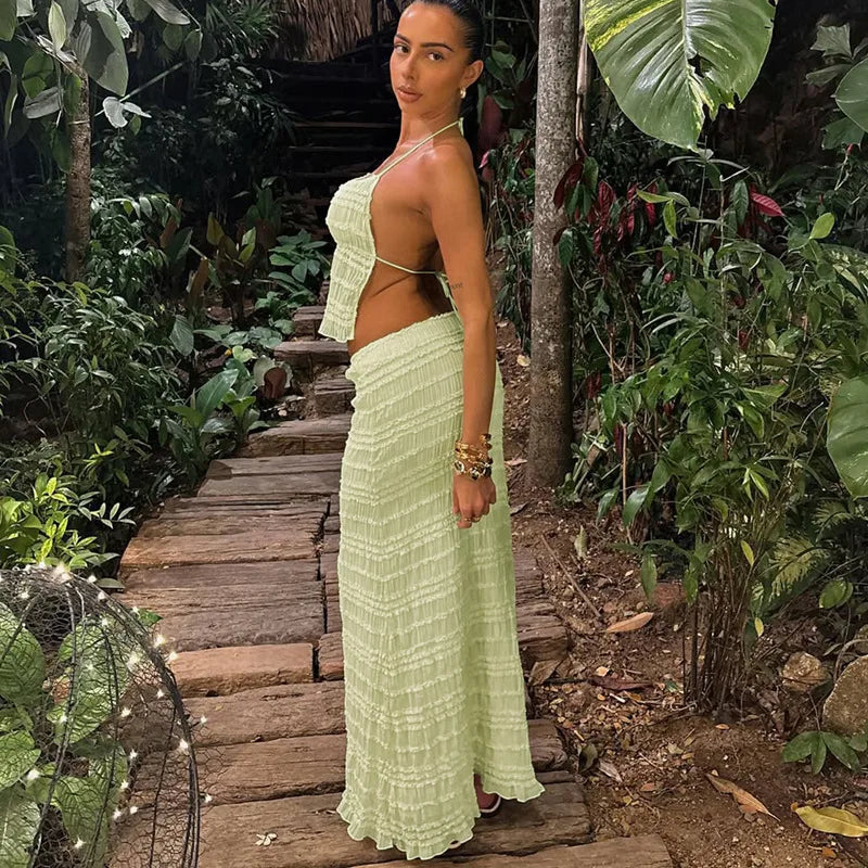 Dame Todelt Sæt – Tekstureret Halter Top & Midi Nederdel med Snøre-83709-df45448c-d422-458b-bd47-f97e5124c830