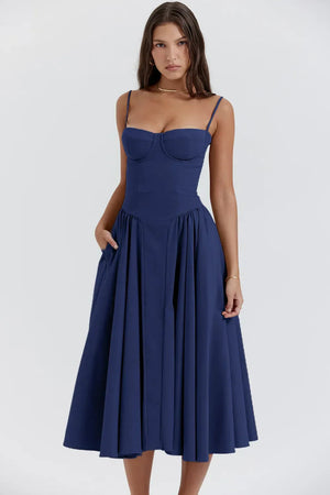Dame Kjole – Midi, Struktureret Overdel, Plisseret Skørt, Spaghettistropper, Lommer, Elegant Stil-83506-dfd19c07-65b1-4957-b2ac-a283e9d90316