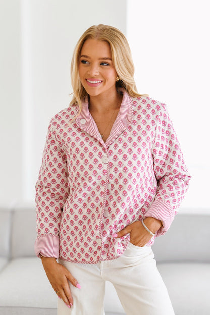 Blomstret Skjorte med Striber og Knapper