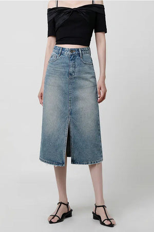 Denimnederdel med Slids og Rå Kant
