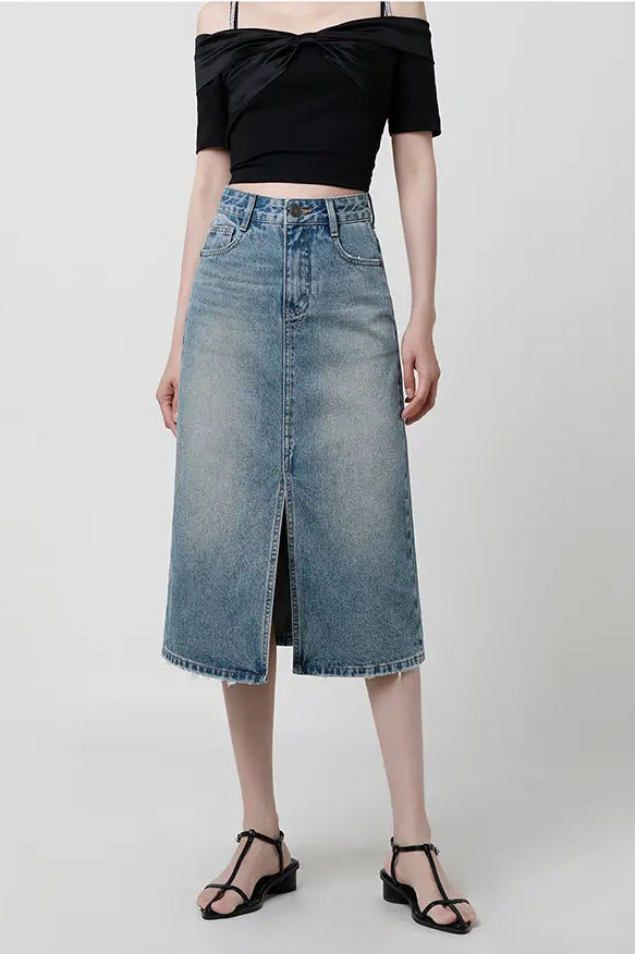 Denimnederdel med Slids og Rå Kant