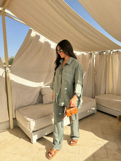 Dame Hør Sæt – Afslappet Skjorte og Bukser, Komfortabelt Todelts Outfit-82126-e309de9a-6e4c-4f25-885b-13fae0f03f4e