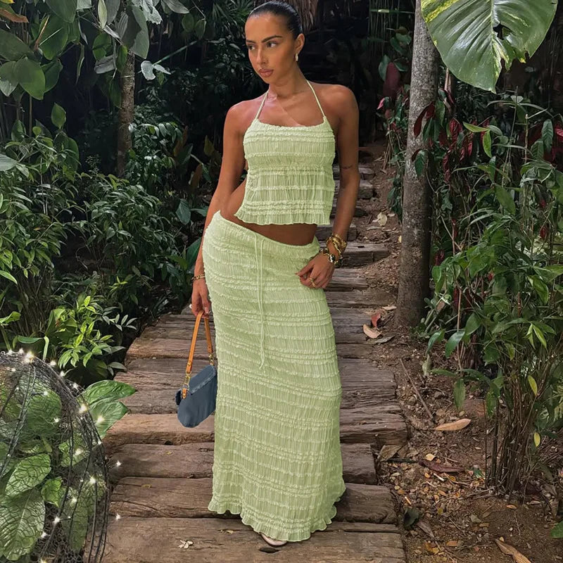 Dame Todelt Sæt – Tekstureret Halter Top & Midi Nederdel med Snøre-83709-ec5c869a-779a-4df5-bc25-3b0bbb28d2bd
