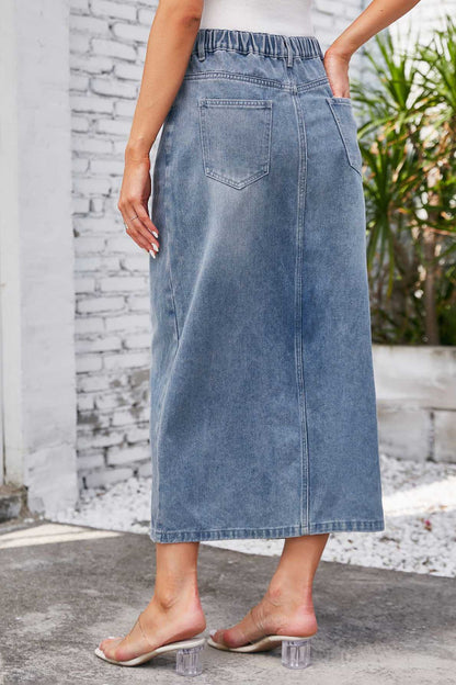 Denim Midi Nederdel med Slids og Høj Talje