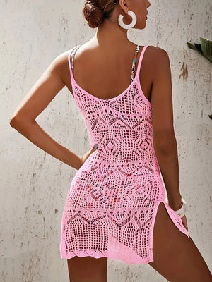 Dame Hæklet Mini Strandkjole – Åbent Strik, Spaghettistropper, Slids-82580-ef9da4dc-6c03-49a8-b9f7-6ffcd3403ae9