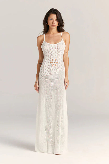 Norideen Dame Maxi Kjole – Strikket, Blomsterudskæring, Åben Strik, Spaghetti Stropper-83282-efe282fd-6612-4820-8f85-26d34dbbae6d