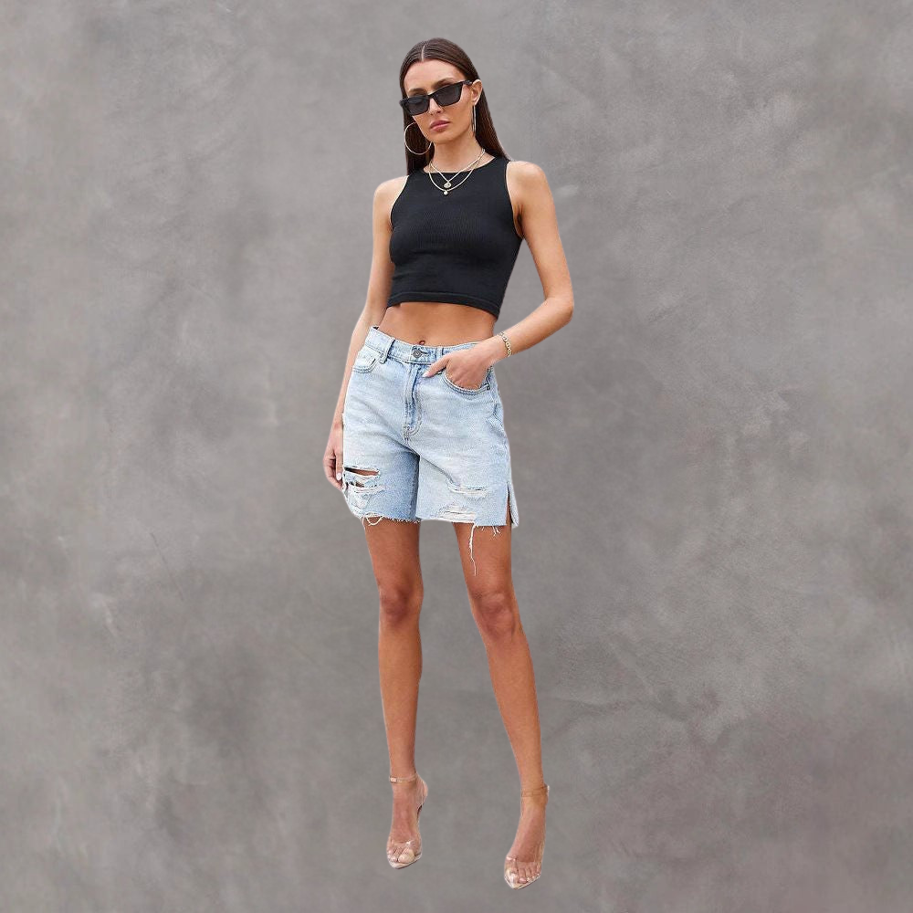 Kvinder Denim Shorts – Rå med Slidte Detaljer, Sideslidser-83378-f1ab7d81-d508-454a-9c83-70c32e842cab
