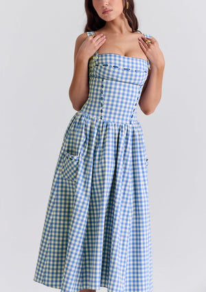 Kvinder Kjole – Gingham Mønster, Firkantet Halsudskæring, Knapper, Klassisk Stil-83592-f40d48a0-9034-4863-8f70-e87ce3e9d722