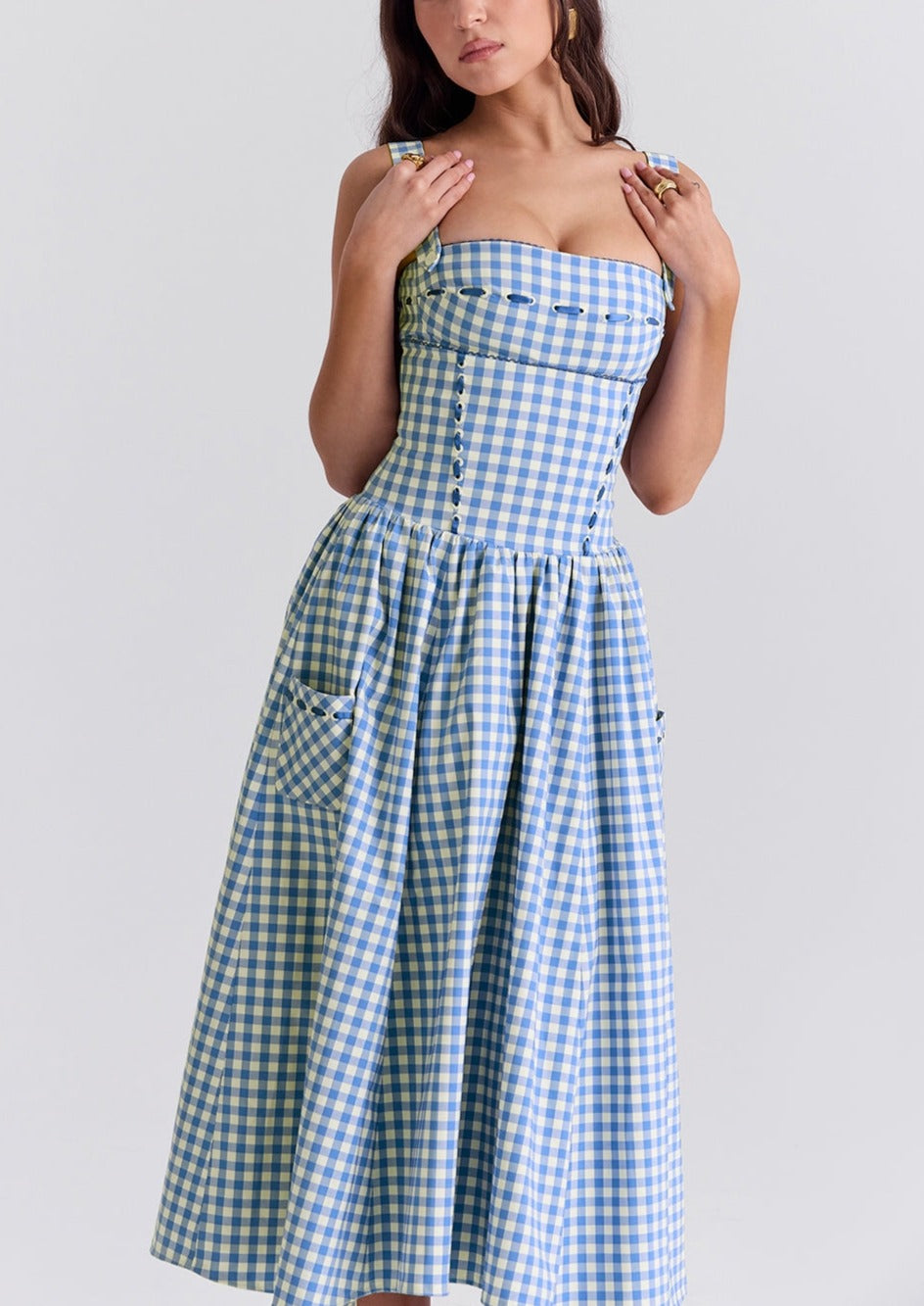 Kvinder Kjole – Gingham Mønster, Firkantet Halsudskæring, Knapper, Klassisk Stil-83592-f40d48a0-9034-4863-8f70-e87ce3e9d722