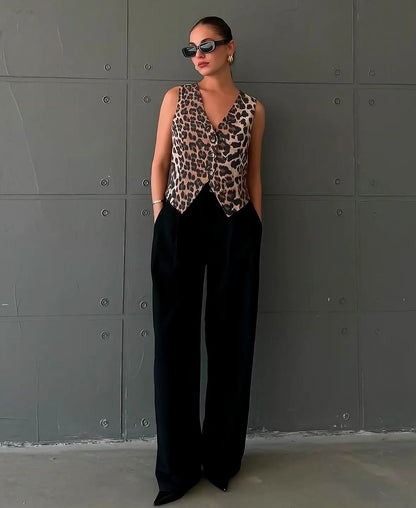 Leopard Vest med V-udskæring og Knapper