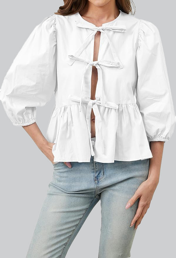Norideen Dame Bluse med Sløjfedetaljer, Peplumkant og ¾-Ærmer – Fås i Flere Farver-83302-f8705f6f-ba71-43ad-bc30-67aacff897d0
