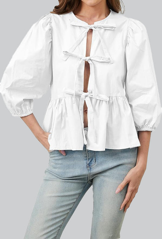 Norideen Dame Bluse med Sløjfedetaljer, Peplumkant og ¾-Ærmer – Fås i Flere Farver-83302-f8705f6f-ba71-43ad-bc30-67aacff897d0