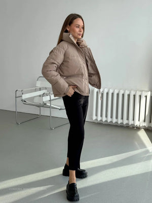 Kvinder Pufferjakke – Kort, Vandafvisende, Høj Krave, Oversize Ærmer, Brun/Sort-65207-faa44620-048d-4ed9-8a09-937f3c1b9151