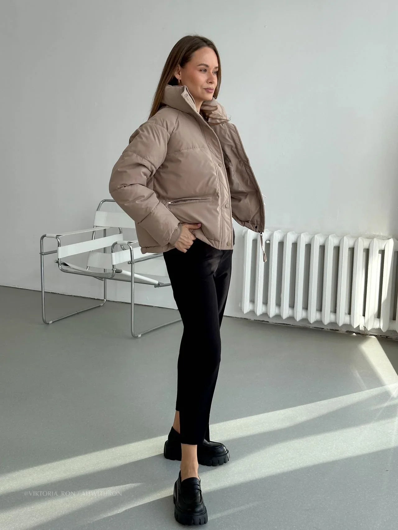 Kvinder Pufferjakke – Kort, Vandafvisende, Høj Krave, Oversize Ærmer, Brun/Sort-65207-faa44620-048d-4ed9-8a09-937f3c1b9151
