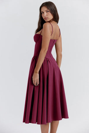 Dame Kjole – Midi, Struktureret Overdel, Plisseret Skørt, Spaghettistropper, Lommer, Elegant Stil-83506-fb160f39-d796-4a37-9d72-75abd381c6ff