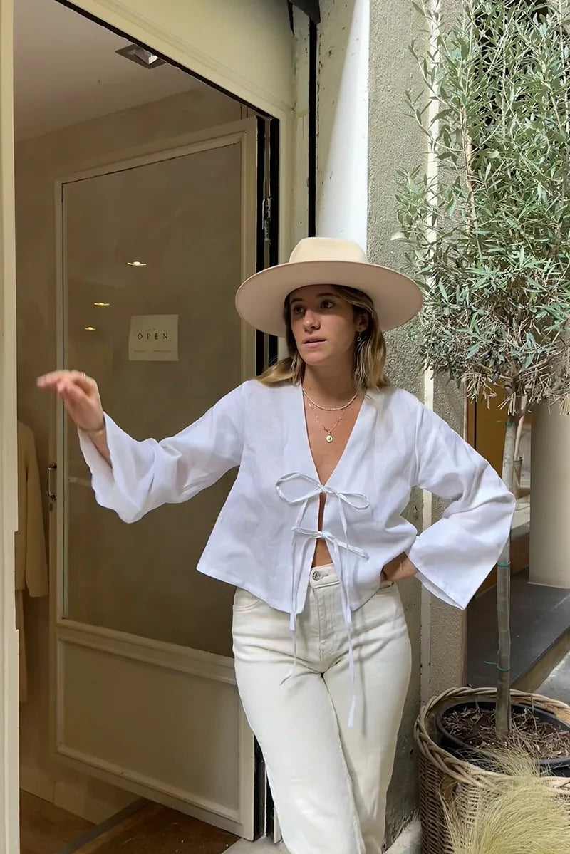 Dame To-Delt Sæt Hør – Langærmet Top med Bindebånd & Shorts Elastik Talje, Afslappet-83296-ffbb7dff-d3a9-459c-acb8-a332e7ef9bc2